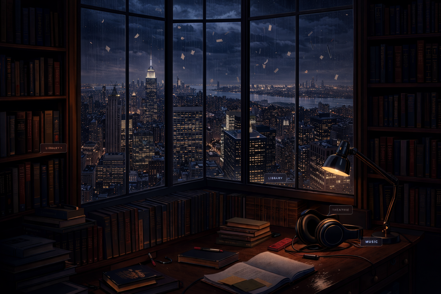 A moody study with a New York City skyline view through a rainy window, bookshelves, and a desk.